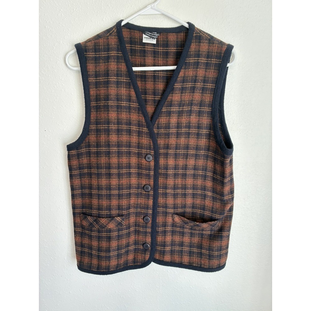 Tribal Sportswear Brown Plaid Wool Blend Button Front Vest Small Bulgarian Made